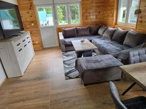 a living room with a couch and a tv at Mountain House 22 in Žabljak