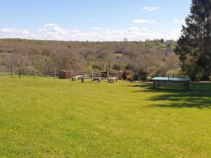 a park with two picnic tables and a ping pong table at Ash Cottage in Uckfield +1 photo