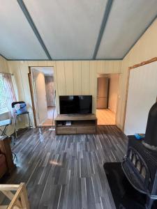 a living room with a flat screen tv on a wooden floor at Detached cozy house in Lom