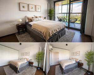 two pictures of a bedroom with a bed and a table at New Eurovea Tower in Bratislava