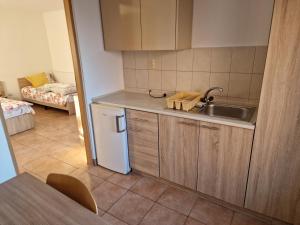 a small kitchen with a sink and a refrigerator at Casa Rodica Turda in Turda