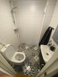 a bathroom with a toilet and a sink at Lägenhet nära badplatser, Önnered in Gothenburg