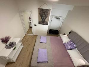a bedroom with a large bed with purple pillows at Viola Studio Apartman in Bar