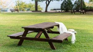 a picnic table in a park with a hat on it at Jacob Ohalo Kinneret in Kinneret