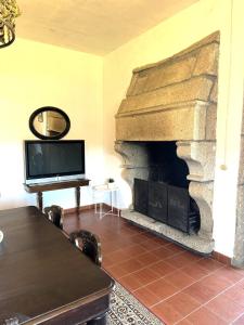 a living room with a fireplace and a tv at Casas da Loureira in Gondarém
