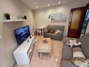 a living room with a couch and a tv at Lo de Jaime in Arriondas