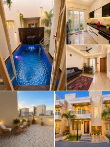a collage of photos of a house with a swimming pool at Bougain Villa in Nashik