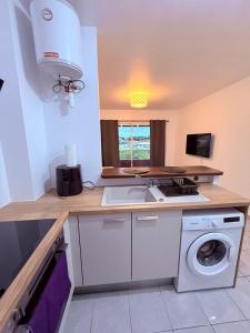 a kitchen with a sink and a washing machine at Le Petit Refuge in Cayenne