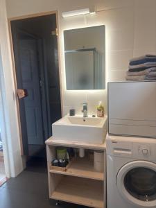a bathroom with a sink and a mirror and a washing machine at Romantic beach cottage in Kalana