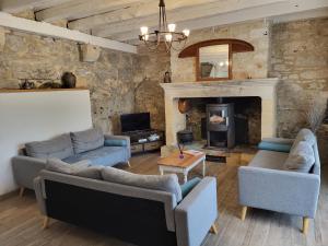 a living room with two couches and a fireplace at Domaine de Bagnegrole in Saint-Cyprien