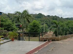 a park with a fence and palm trees in the background at Engelbert Beyer Centre in Ibadan