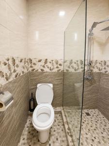 a bathroom with a toilet and a shower at Sky Star in Kazbegi