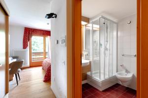 a bathroom with a shower and a toilet and a sink at Garni Lago Nembia in San Lorenzo in Banale +46 photos