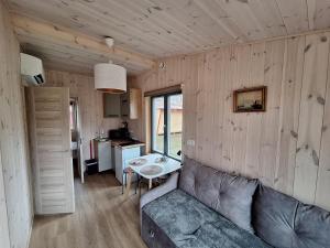 ein Wohnzimmer mit Sofa und Tisch und eine Küche in der Unterkunft Greyhouse in Palanga