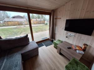 ein Wohnzimmer mit Sofa und Flachbildfernseher in der Unterkunft Greyhouse in Palanga