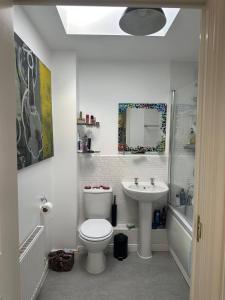 a bathroom with a toilet and a sink at Super comfy, convenient two bedroom apartment in Corsham