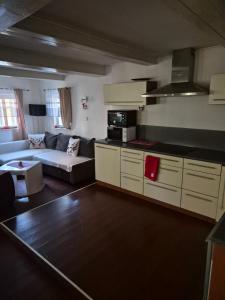 a kitchen and a living room with a couch at Roubenka Krkonoše - Adršpach in Radvanice
