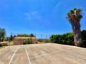 an empty parking lot with a palm tree and a tennis court at Palm Villa Ammes in Svoronata