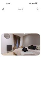 a bedroom with a bed and a mirror at T2 Chaleureux in Vals-les-Bains
