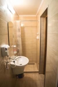 a bathroom with a white sink and a shower at Cabana Iulian in Petrila