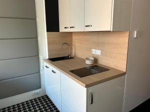 a small kitchen with a sink and white cabinets at Apartament Piano 21 in Opole