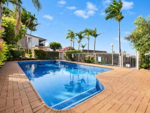 a swimming pool in a yard with palm trees at Gladstone CBD Motel in Gladstone
