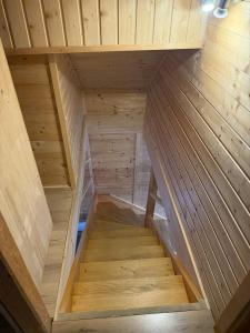 an empty inside of a sauna with wooden stairs at Martinova izba - Family Bungalows in Laško