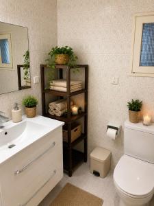 a bathroom with a sink and a toilet and a mirror at AMALIA 1 in L'Escala