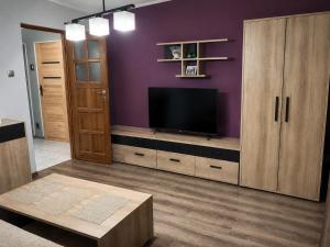 a living room with a tv and a purple wall at Mieszkanie Warka in Warka