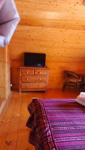 a bedroom with a bed and a dresser with a purple rug at Stara Khata Карпати in Sheshory