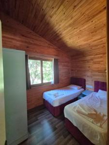 a room with two beds in a log cabin at Azra Villas in Cıralı