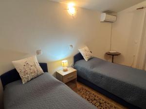 a bedroom with two beds and a lamp on a table at Haus Glavani in Barban