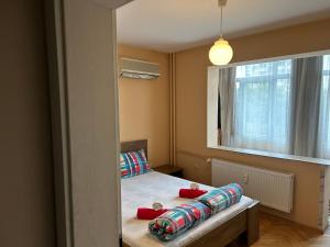a bedroom with a bed with red pillows and a window at Апартаменти Viviana in Plovdiv