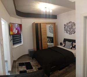 a bedroom with a black bed and a tv at Studio apartman Relax in Sanski most