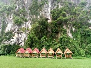a row of huts in a field in front of a mountain at Phathokcamping in Ban Phathok