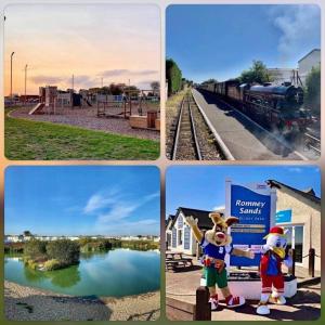 a collage of four pictures of a train station at Seashells - Chalet 25 in Greatstone