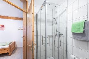 a bathroom with a shower with a glass door at Winzerhof Nagel in Dettelbach