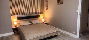 a bedroom with a bed with two night stands and two lamps at Gîte Le Citronnier - Piscine partagée in Lagorce +16 photos