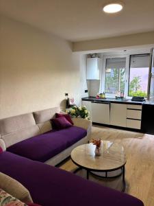 a living room with a purple couch and a table at Viola Studio Apartman in Bar