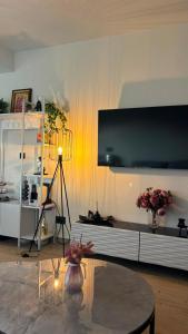 a living room with a large flat screen tv on the wall at Viola Studio Apartman in Bar