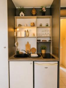 a kitchen with white cabinets and a sink and shelves at Appartement entier en centre-ville avec terrasse in La Rochelle