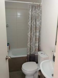 a bathroom with a toilet and a tub and a sink at Apart bio bio in Concepción