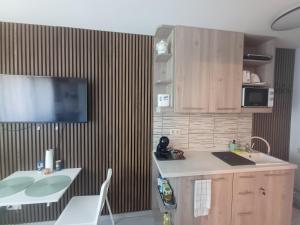 a kitchen with a sink and a counter top at Harmónia Apartman Balatonföldvár in Balatonföldvár