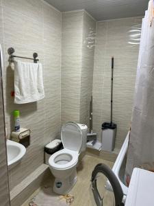 a bathroom with a toilet and a sink at Квартира in Koshkolʼ +6 photos