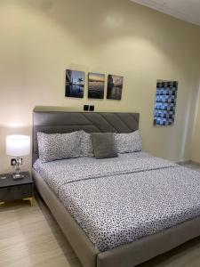 a bedroom with a bed and a lamp and pictures on the wall at Sandton Luxury Apartment in Bardon Yana