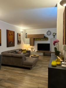 a living room with a couch and a television at Casa Leonardo a Poggi in Imperia