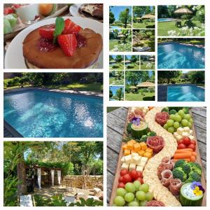 a collage of pictures of food and a pool at Douvilla in Douville
