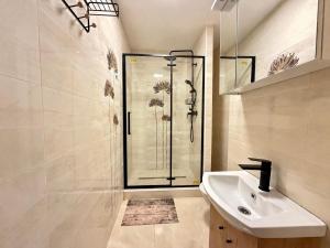 a bathroom with a shower and a sink at Apartmánový byt Flower in Kadaň