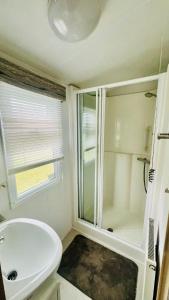 a bathroom with a shower and a toilet and a sink at The Hidden Meadow in Ballybofey