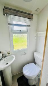 a bathroom with a toilet and a sink and a window at The Hidden Meadow in Ballybofey